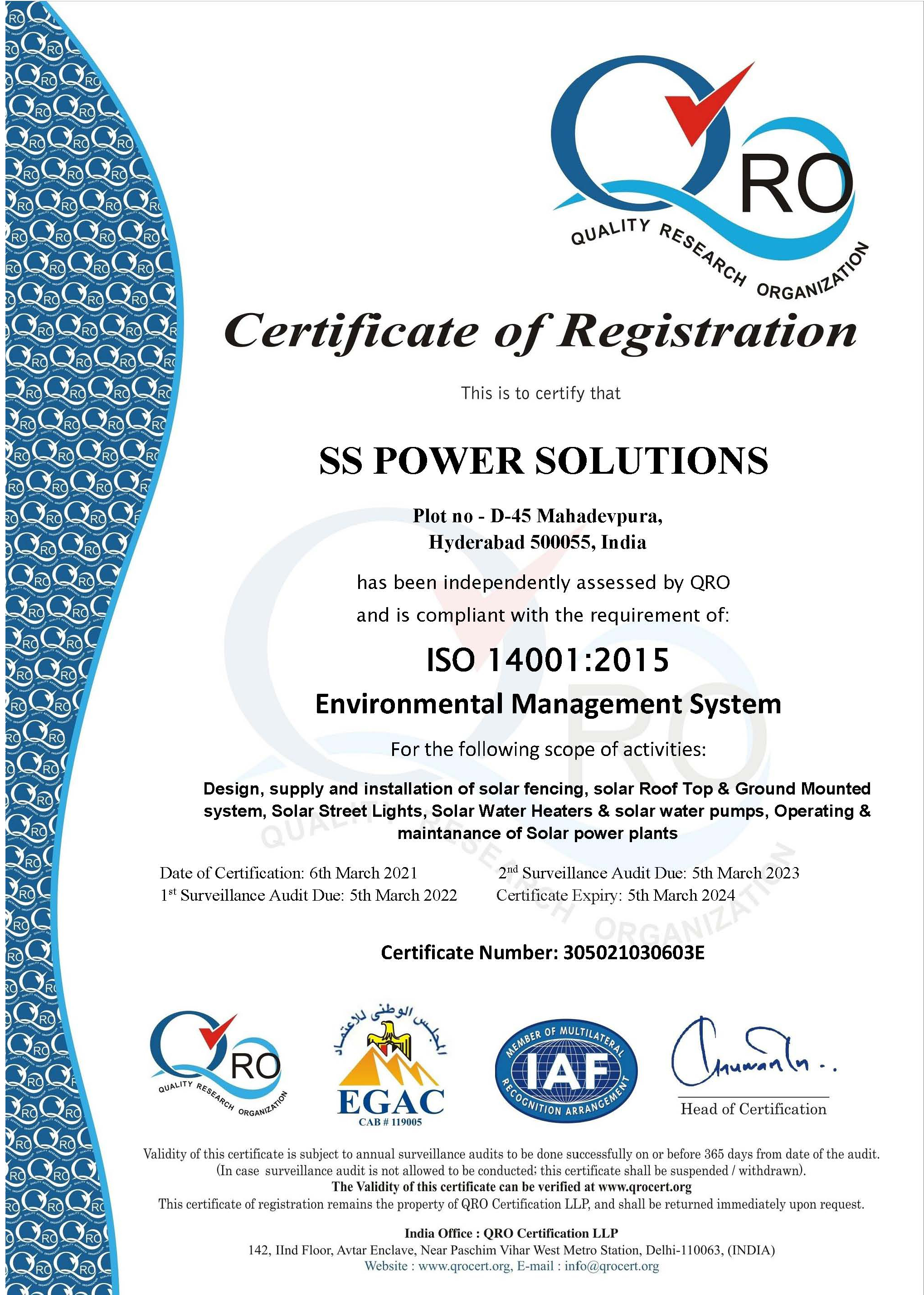 SS power Solutions ISO 14001 Certified in Environmental management Systems