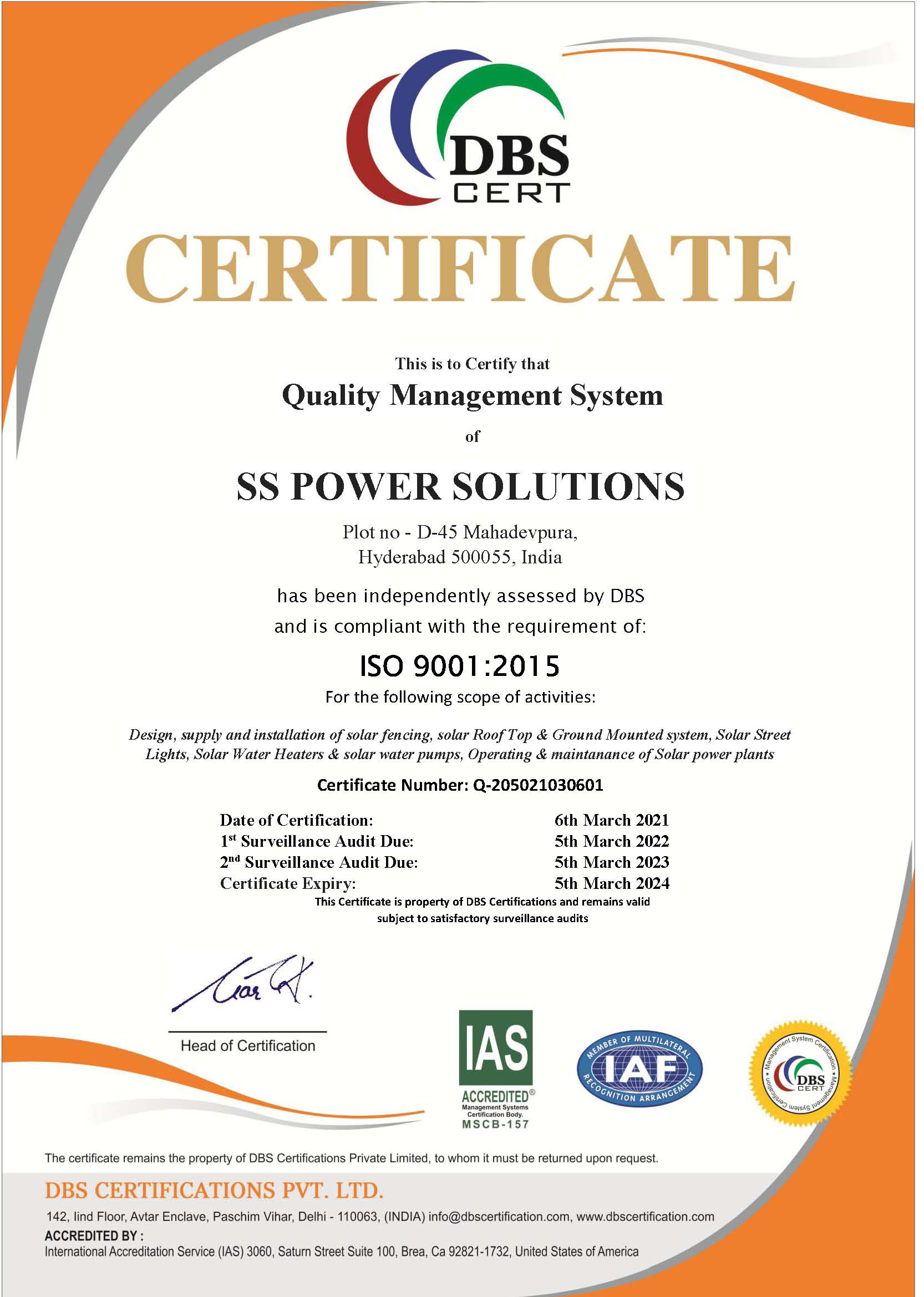 SS power Solutions ISO 9001 Certified in Quality management Systems