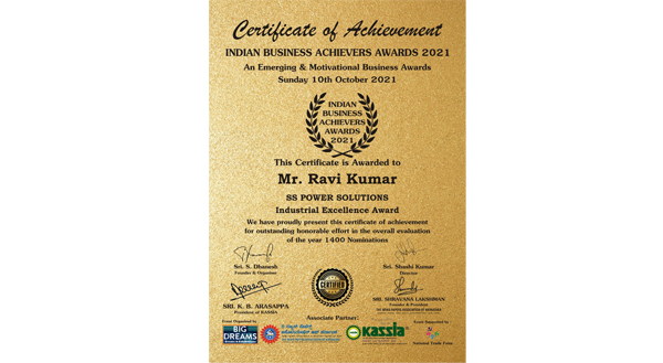 SS power Solutions Industrial Excellence Award Mr Ravikumar