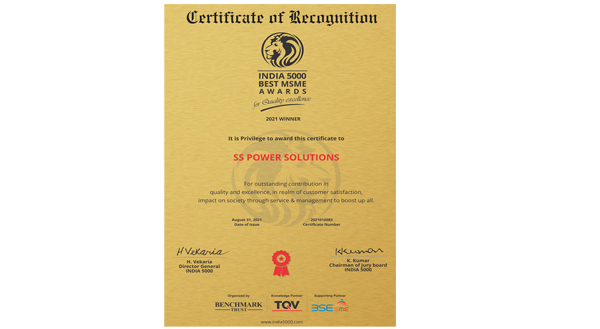 SS power Solutions Solar Winner 2021 Best MSME 5000 Awards